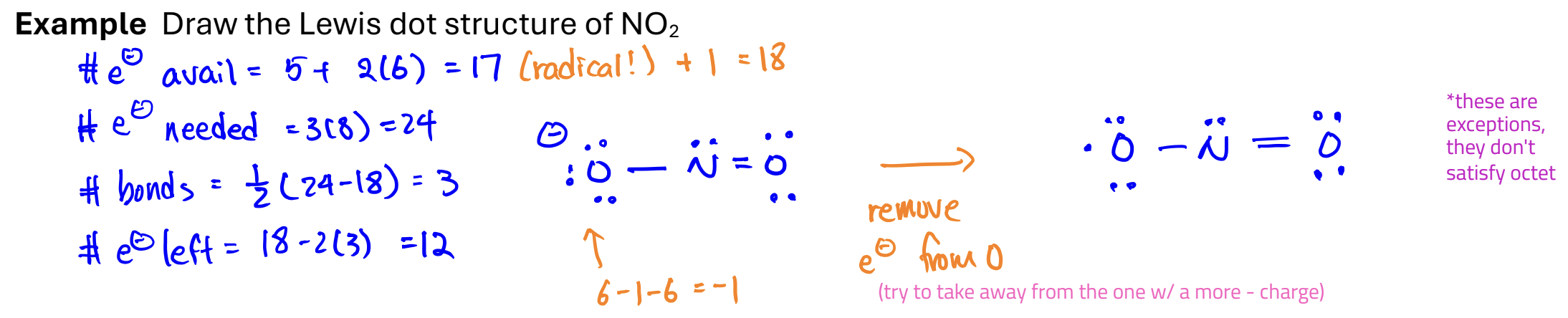<p>molecules with unpaired e-</p><ul><li><p>usually very reactive</p></li></ul><p>Rules for drawing</p><ol><li><p>Add an e- to the # of available electrons</p></li><li><p>Follow the typical rule for drawing a Lewis dot structure</p></li><li><p>Remove an e- from the atom with the most negative formal charge</p></li></ol><p></p>