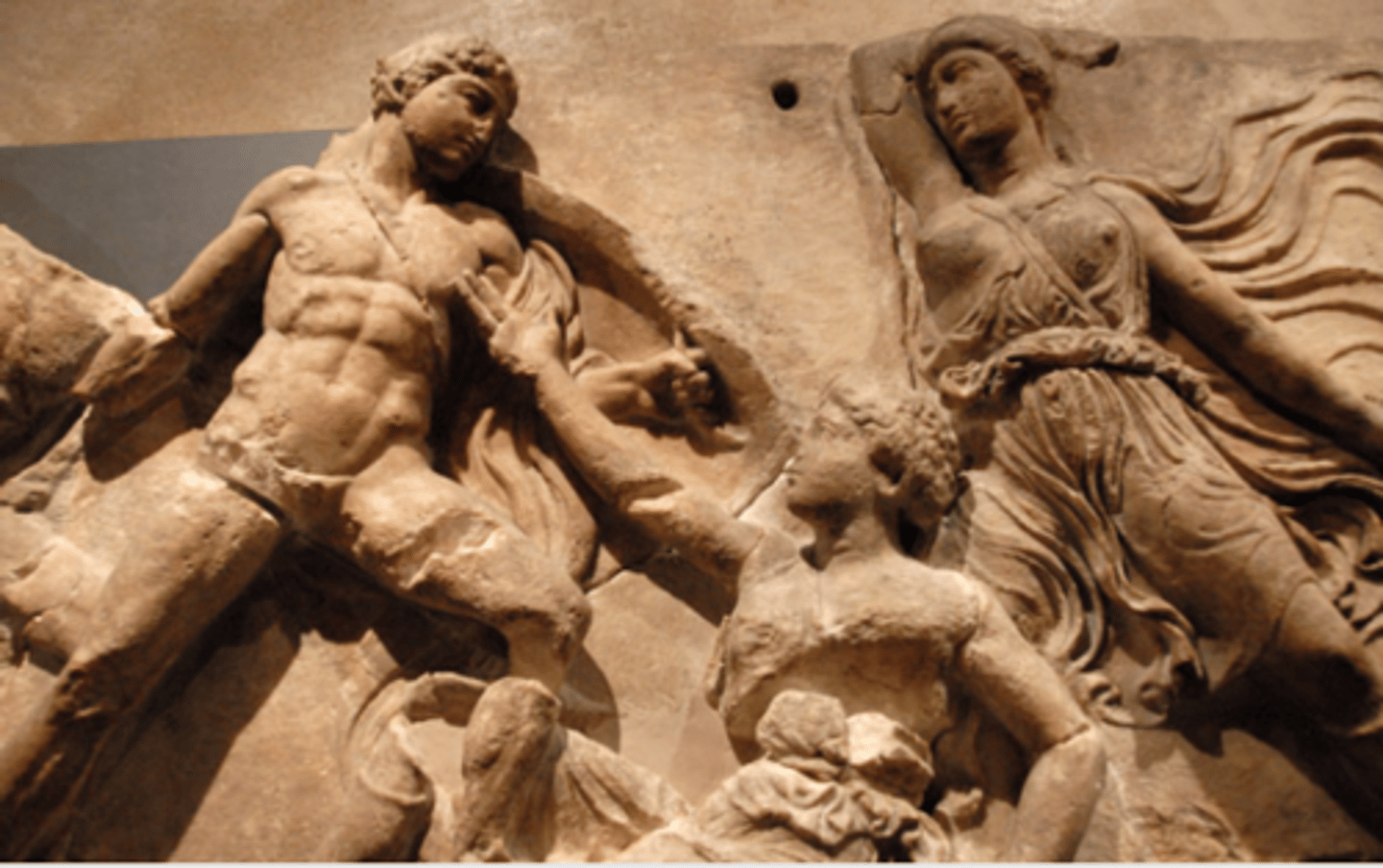 <p>5th century BCE, Bassae (Peloponnesian); Greeks and Amazons fighting, shows an Amazon defeating a Greek man on part of it</p>