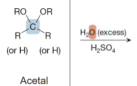 <p>What is the product of the reaction between an acetal, and H2O (excess) (1st step), and H2SO4 (2nd step)?</p>