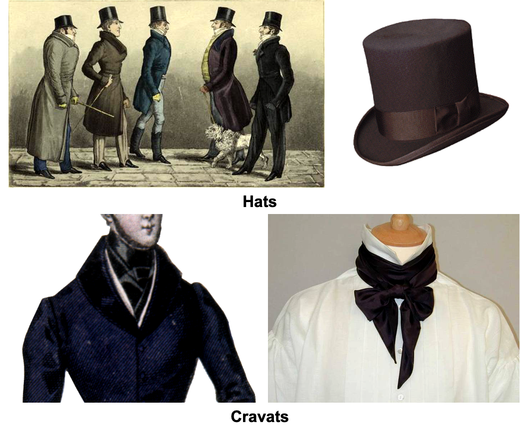 <ul><li><p><span style="background-color: transparent;"><span>Hats- top hats</span></span></p></li><li><p><span style="background-color: transparent;"><span>Cravats- now in colors not just white</span></span></p></li></ul><p></p>