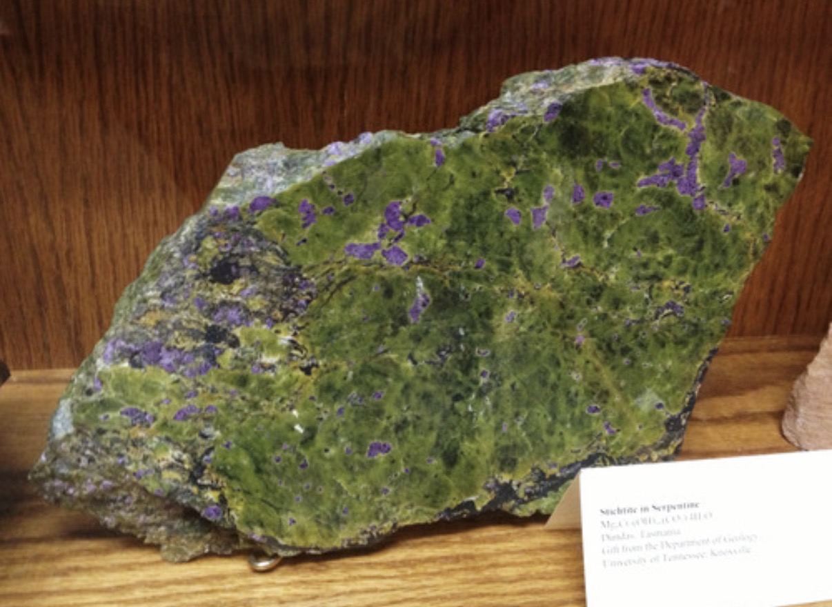 <p>Colorless streak, conchoidal fracture, greasy. Variegated green colors. Common mineral often occurring as a weathering product of olivine, hornblende, or augite. Rich source of Mg for plants. Soils formed from these rocks may even have harmful levels of Mg. </p>