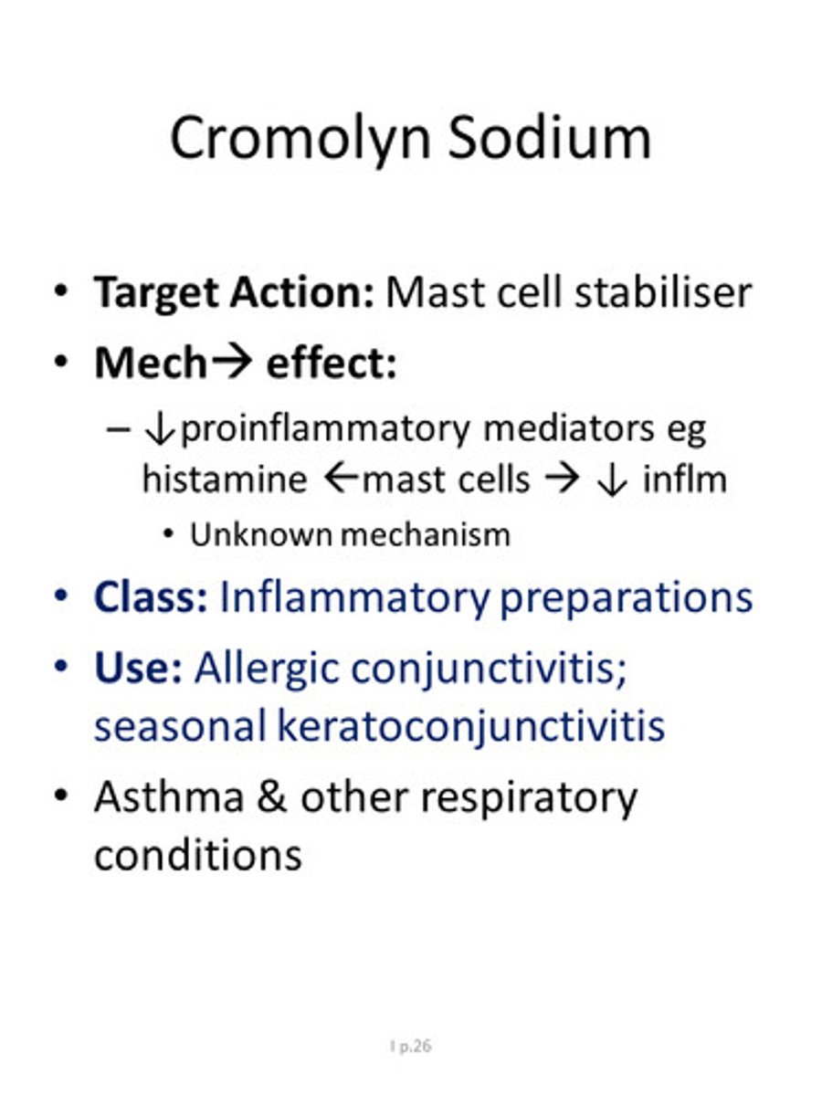 <p>Opticrom</p><p>decreases histamine release from mast cells (for inflammation)</p>