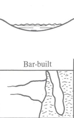 <p>sand spit or barrier island encloses embayment </p><p>shallow</p>
