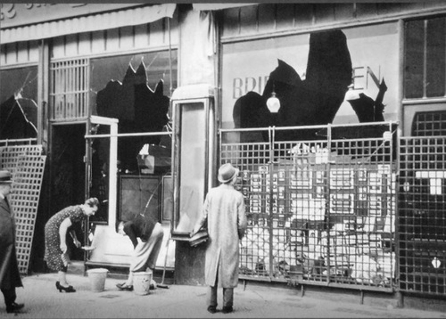 <p>(Night of the Broken Glass) November 9, 1938, when mobs throughout Germany destroyed Jewish property and terrorized Jews.</p>