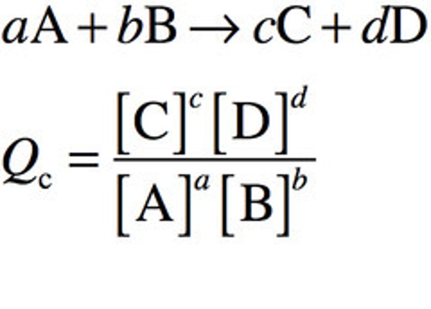 <p></p><p>The ratio of the concentrations of the products to the concentrations of the reactants at any point during the reaction aside from equilibrium,</p><p>Qc=[C][D]/[A][B]</p>