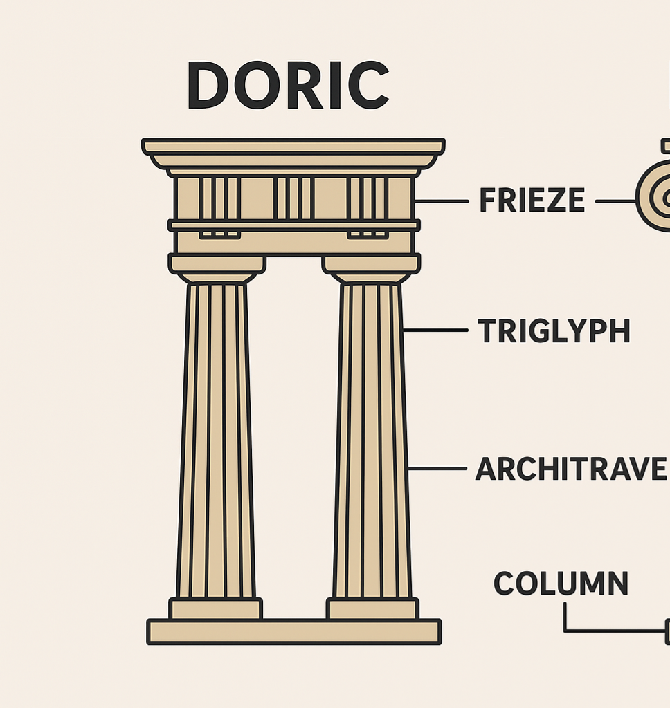 <ul><li><p>Oldest Greek style — strong and plain.</p></li><li><p><strong>Columns:</strong> no base, thick, plain top (capital).</p></li><li><p><strong>Frieze:</strong> has <em>triglyphs</em> (3 lines) and <em>metopes</em> (sculpted squares).</p></li><li><p>Looks solid and powerful.</p></li><li><p><span data-name="classical_building" data-type="emoji">🏛</span> <em>Example:</em> Parthenon, Athens.</p></li></ul><p></p>