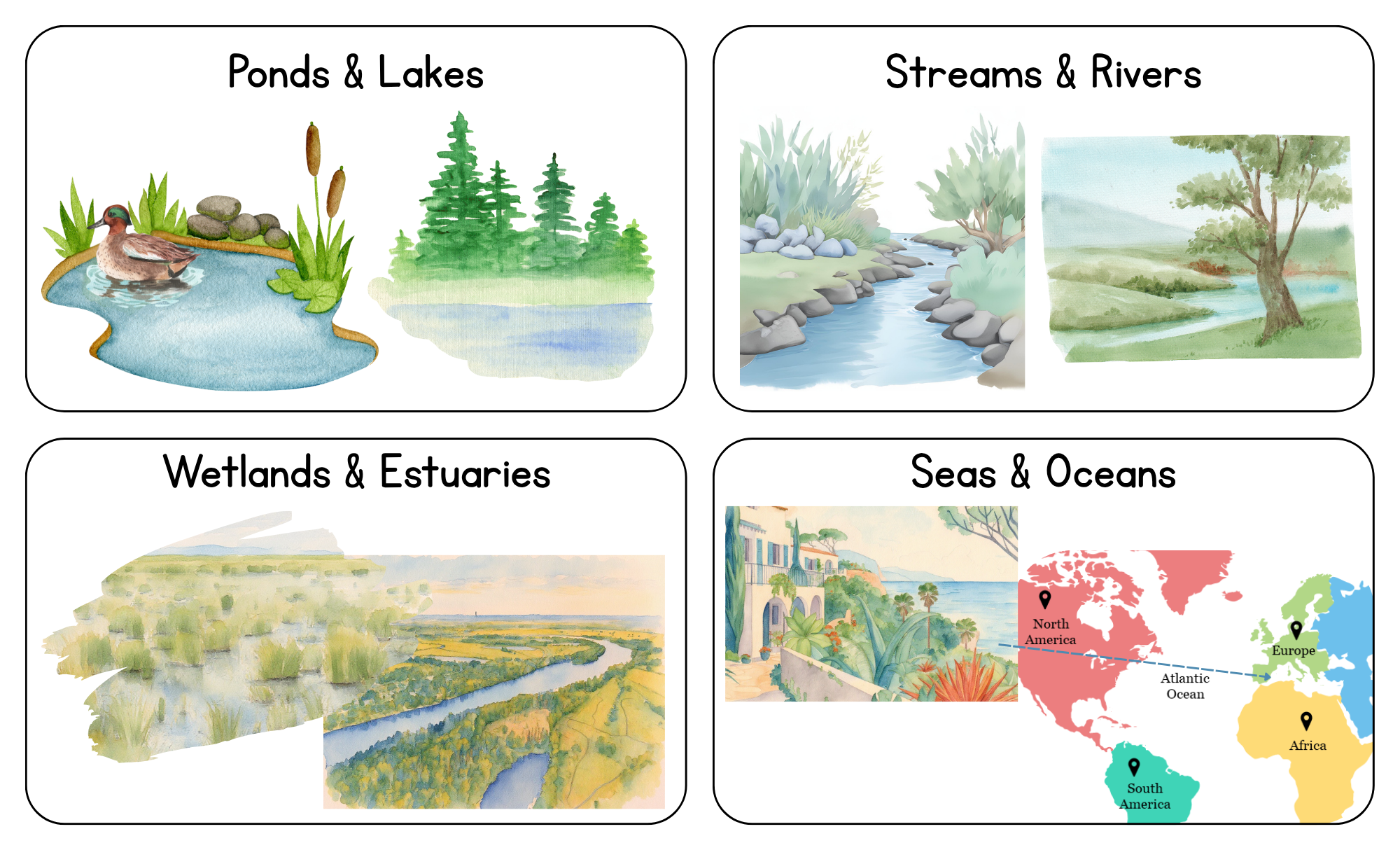 <p>Some aquatic biomes are: </p><p>ponds and lakes</p><p>streams and rivers</p><p>wetlands and estuaries</p><p>oceans and seas</p>