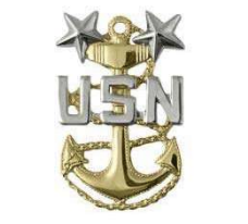<p>Gold fouled anchor with silver USN centered across the anchor below two silver stars (E9)</p>