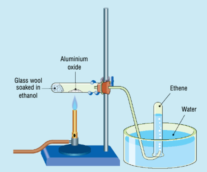 <p><span style="color: rgb(255, 255, 255)">1. Place some glass wool at the bottom of a test tube and put some ethanol onto the glass wool. Clamp test tube horizontal. The glass wool will hold the ethanol in place when horizontal.</span></p><p><span style="color: rgb(255, 255, 255)">2. Add some aluminium oxide to the test tube (centre).</span></p><p><span style="color: rgb(255, 255, 255)">3. Connect the delivery tube to the test tube and inverted test tubes in a water trough.</span></p><p><span style="color: rgb(255, 255, 255)">4. Place a bunsen underneath the aluminium oxide and heat.</span></p><p><span style="color: rgb(255, 255, 255)">5. Fill several test tubes of ethene. The first test tube will contain air and can be disposed of.</span></p><p><span style="color: rgb(255, 255, 255)">6. Lift the apparatus up out of water before turning off the bunsen burner. This prevents ‘suck back’ occurring.</span></p><p><span style="color: rgb(255, 255, 255)">7. Test ethene test tubes to examine properties.</span></p>