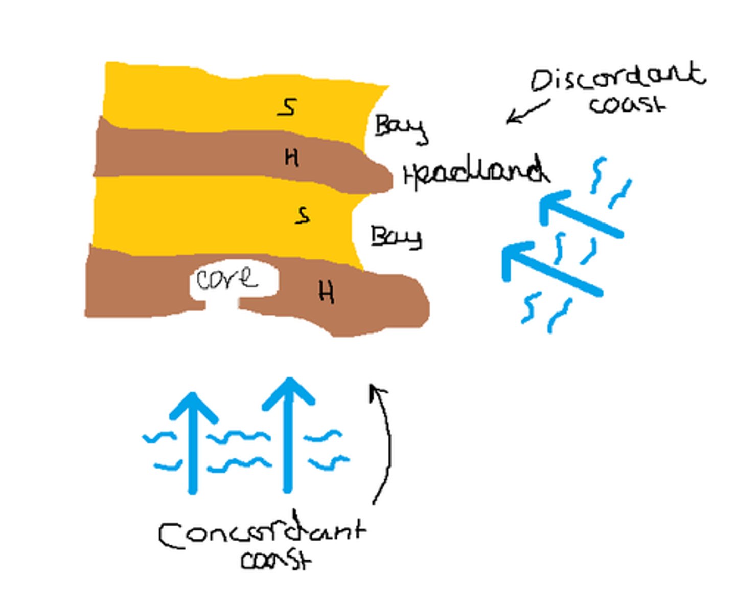 <p>Where layers of hard rock and soft rock are parallel to the coasts, meaning that the coastline is just hard rock or just soft rock.</p>