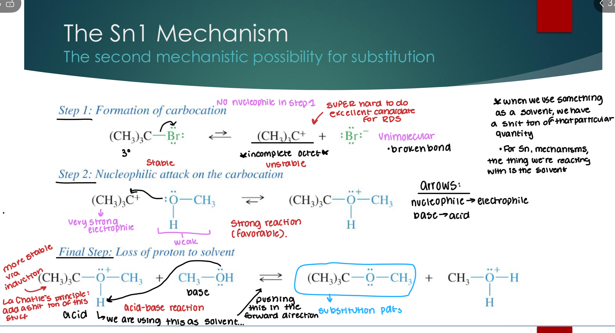 <p>*When we use something as a solvent, we have a shit ton of that particular quantity. For Sn1 mechanisms, the thing we’re reacting with is the solvent.</p><p></p><p>Step 1: Formation of the carbocation (unimolecular)</p><p>Step 2: Nucleophilic attack on the carbocation</p><p>Final step: loss of proton to solvent, (deprotonation) </p><p></p><p>The RDS in this case is step number 1 (formation of the carbocation) because you are taking a very stable reactant and making a very stable product. Plus, Acid-Base reactions happen extremely quickly, and step 2 is very favorable and therefore very fast.&nbsp;</p><p>For this reaction, we are focusing on anything that makes Step 1 better and faster, and easier (which I will discuss). Because it will make RDS faster. </p>
