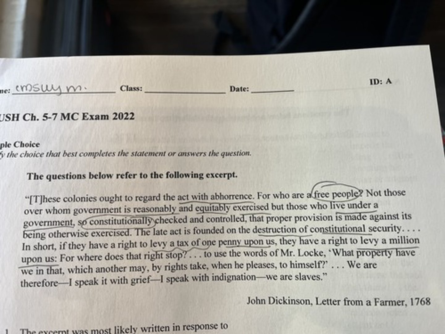 <p>the sentiments expressed in the excerpt most directly contributed to which of the following</p>