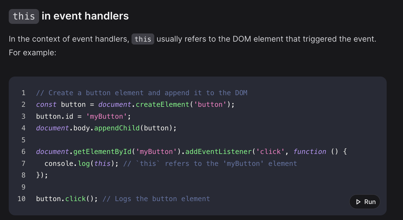 <p>In JavaScript, 'this' binding in event handlers refers to how the value of 'this' is determined when a function is called. In the context of an event handler, 'this' typically refers to the element that triggered the event, unless an arrow function is used, in which case it retains the value of 'this' from its enclosing scope. </p>