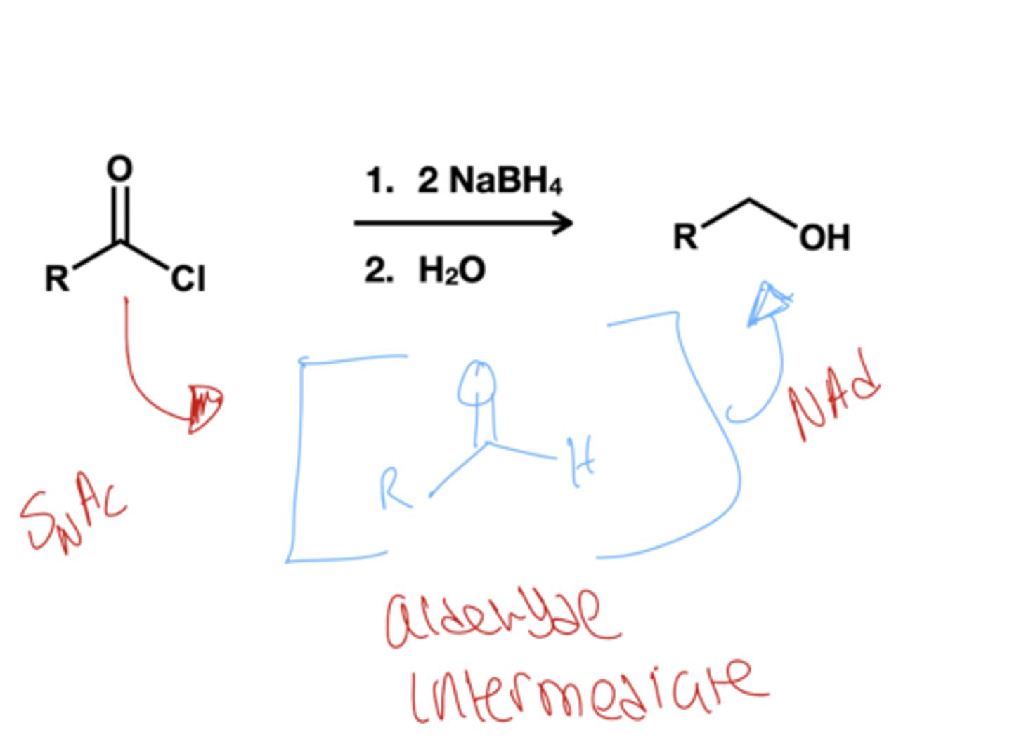 <p>1.) NaBH4( excess)</p><p>2.) H2O</p>