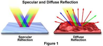 <p><strong>specular</strong>: All angles of incident for light rays identical (light hits SMOOTH surface) - all angles of reflection identical</p><p><strong>diffuse</strong>: When parallel incident rays are reflected off of an IRREGULAR surface - all angles of reflection different</p>