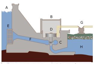 <p>→ zorgt vr netspanning</p><p>in waterkrachtcentrale: w Epot gebruikt → opgeslagen is in water in een stuwmeer (het water dat naar beneden stroomt) doet turbine met spoelen draaien in B =&gt; inductiespanning ontstaat</p>