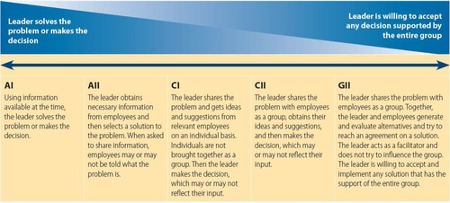 <p>Autocratic (AI or AII), Consultative (CI or CII), and Group (GII) decisions.</p>