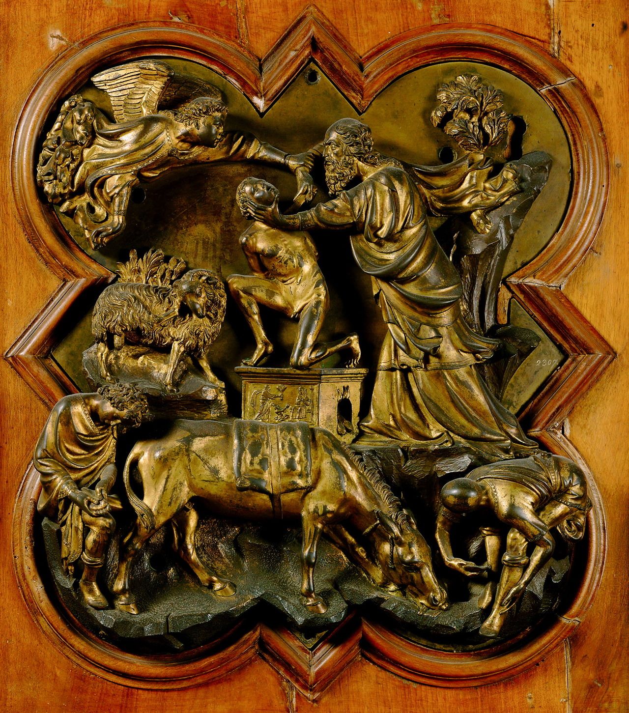 <p><strong><span>Brunelleschi’s e</span></strong><span style="background-color: transparent;"><strong><span>ntry in the east door competition in (French Gothic quatrefoil frame a medieval holdover) (cast bronze, old testament) </span></strong></span></p>
