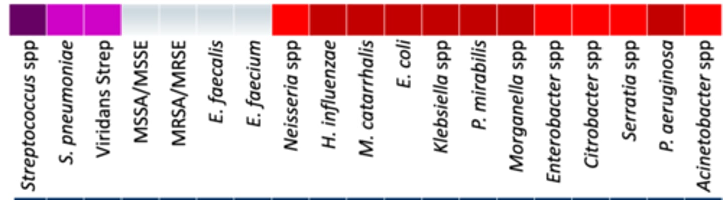 <p>• Anaerobes: +/- (oral anaerobes)</p><p>• Miscellaneous: </p><p>- Ceftazidime has poor activity against B. fragilis</p><p>- Activity against KPC, ESBLs, AmpC, carbapenem-resistant Pseudomona</p><p>- Better activity compared to Avycaz since it has intrinsic Pseudomonas activity</p><p>- Definitive Therapy: very resistant DTR P. aeruginosa</p><p>• Coverage - Works kinda like Acycaz with coverage from H. influenzae to P. aeruginosa, but it is missing the Enterobactales</p>