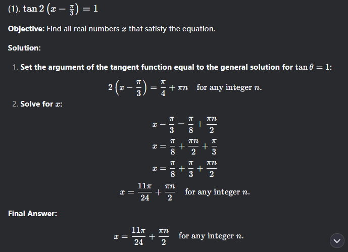 <p>2.) x = <em>π/24 + πk </em></p><p>     <em>x=5π/24 + πk</em></p><p></p>