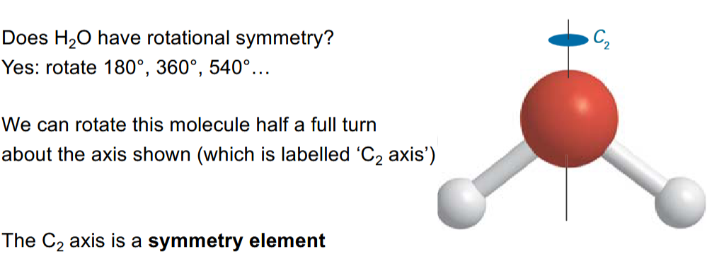 <p>A symmetry opeation is caried out on a symmetry element e.g. rotating around an axis symmetry element. One symmetry element can have more thna one symmetry operation done on it.</p><p></p><p>In the case of water, it has a C<sub>2</sub> axis symmetry element</p>