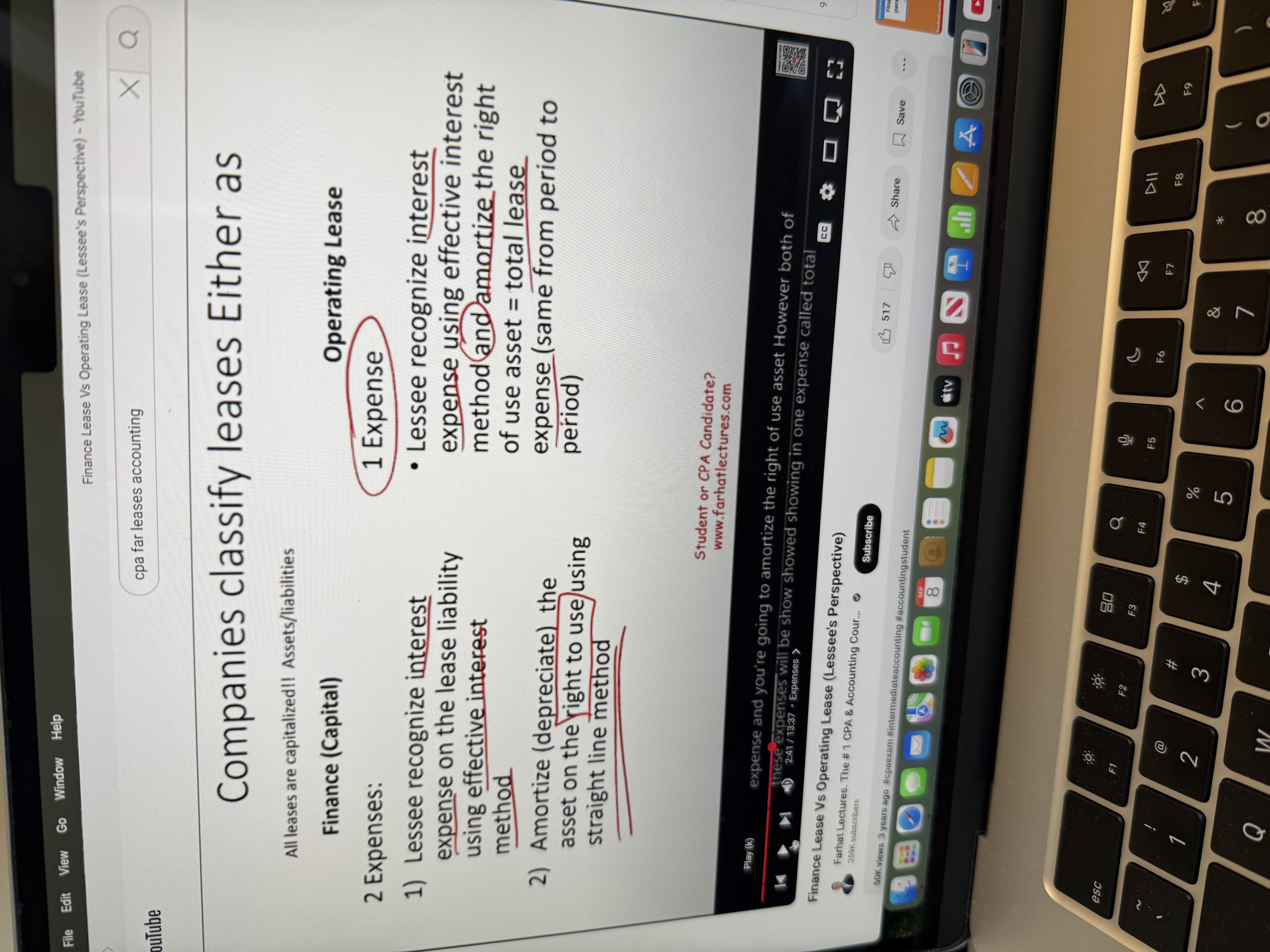 <ol><li><p>Note: <strong><u>One</u> Income Statement Expense</strong> “Lease Expense” is applicable to <mark data-color="red" style="background-color: red; color: inherit;">Operating Lease</mark>.</p></li><li><p>The lease last longer than a year, but does not meet one of the five requirements for a finance lease.</p></li><li><p>Asset and liability must be recorded on the lessee’s books at lease inception.</p></li><li><p>See picture below.</p></li></ol><p></p>