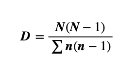 <p>n = total number of organisms of a particular species<br>N = total number of organisms of all species</p><p>High values of D indicate a stable and ancient site<br>Low values of D indicate pollution, recent colonization or agricultural management</p>