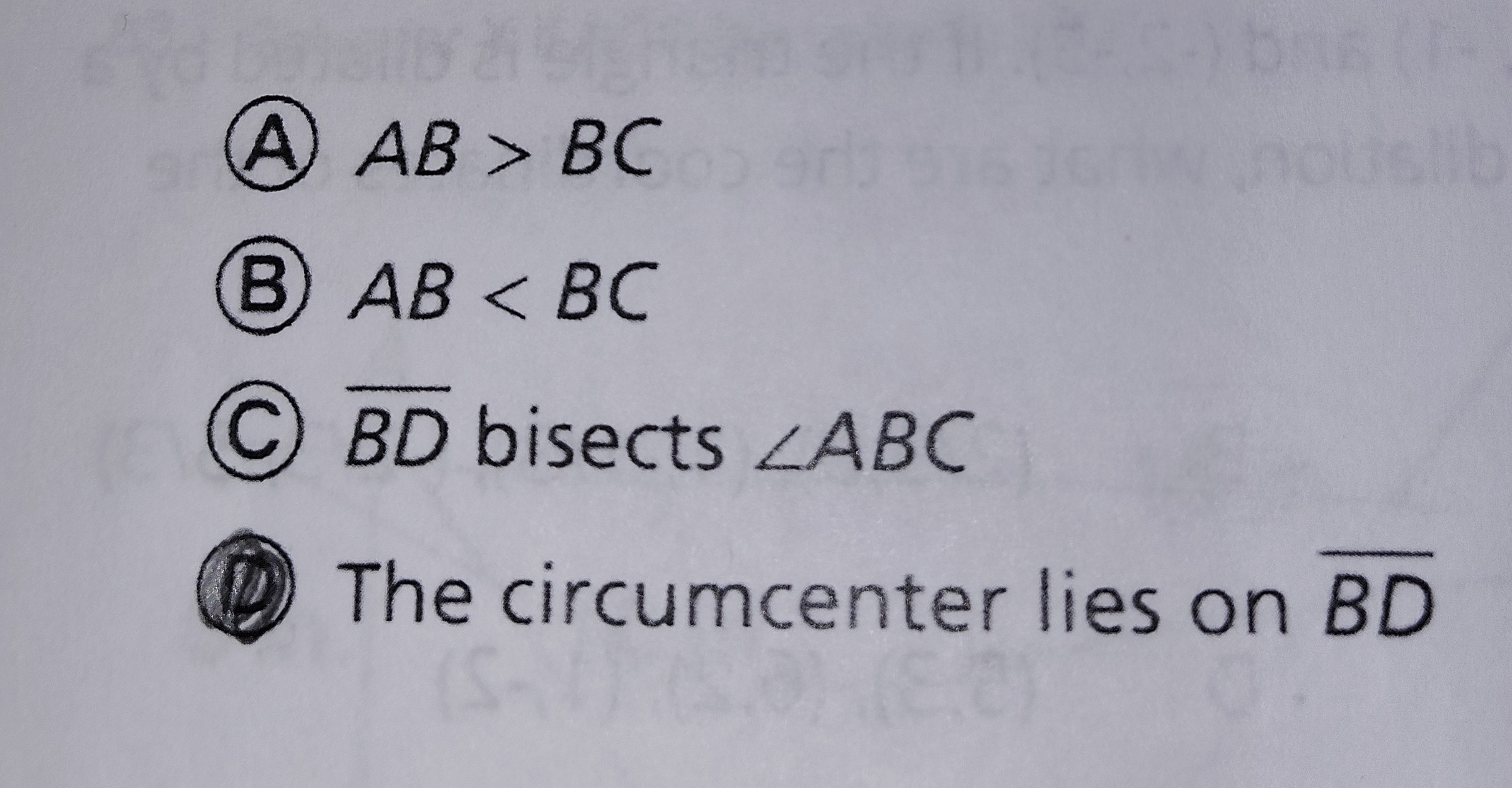 <p>The circumcenter lies on line BD</p>