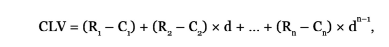 - The lifetime value of a customer is the total profit a firm can expect to earn from that customer during the time the firms maintains a relationship with the customer
Where:
R is the revenue from the customer
C is the cost to acquire or serve the customer
D  = 1/(1+r) where r is the discount rate and n is anticipated lifetime of the customer
