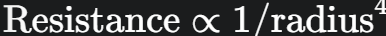 <p>Resistance is inversely proportional to the radius to the <strong>fourth power</strong>. This means a small change in radius (e.g., halving it) causes a massive (16-fold) increase in resistance.</p>