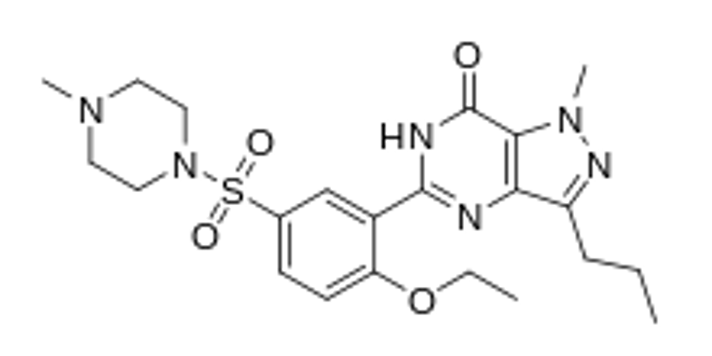 <p><strong>Brand: </strong>Viagra</p><p><strong>Class: </strong>PDE-5 Inhibitor</p><p><strong>MOA: </strong>Inhibits Phosphodiesterase type 5. Enhances the effect of NO, which is responsible for degradation of cGMP in the corpus cavernosum</p>