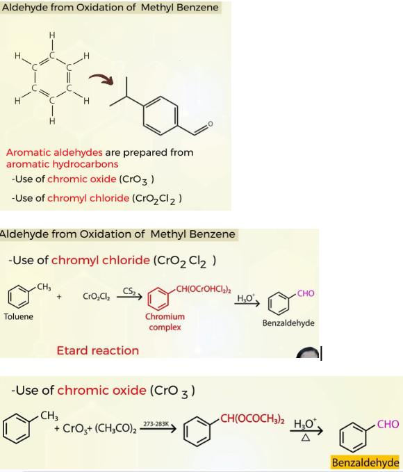 <p>Aromatic aldehydes are prepared from aromatic hydrocarbons through OXIDATION </p><p>you get benzaldehyde from toulene in the presence of chromyl chloride</p><p><mark data-color="#NaNNaNNaN" style="background-color: #NaNNaNNaN; color: inherit">ETARD REACTION   :</mark></p><p>you get benzaldehyde from toulene in the presence of chromyl chloride</p><p>use of CHROMIC OXIDE(CrO<sub>3</sub>)</p><p>In the presence of acetic anhydride</p>