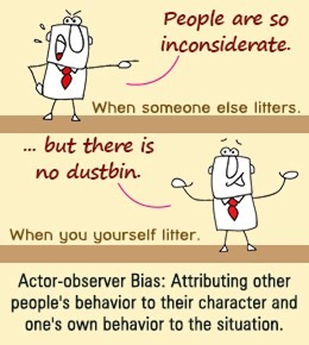 <p>- this is a related bias where people are more likely to make internal</p><p>attributions for others' behavior but situational attributions for their own.</p><p>- which explains why we view our own actions differently than the actions of others.</p><p>- is the tendency to make external (situational) attributions for our own</p><p>behavior while making internal (personality) attributions for the behavior of others (E. E. Jones &amp;</p><p>Nisbett, 1972).</p>