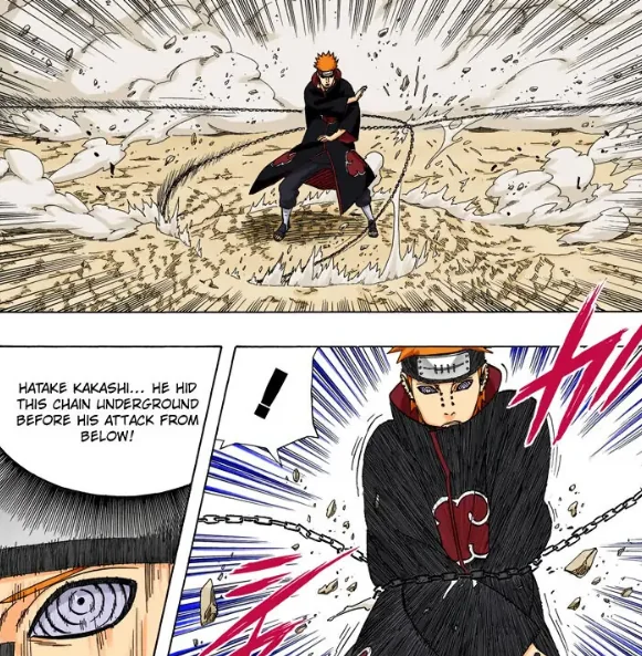 <p>serrure, chain, iron, connection</p><p>Pronounced Kusari as a word</p><p>ill: Pain après être tombé dans le piège de Kakashi:&nbsp;“Jimen kara no kōgeki mae ni kono kusari o chichū e <em>shikonde ita</em> no ka…“ (<em>Past Progressive</em>) <=>&nbsp;地面からの攻撃前にこの鎖を地中へ仕込んでいたのか…。:&nbsp;You set up these chains underground before your attack from the ground, didn't you...</p><p><u>ex</u>: 連鎖 Rensa: chain, connection, chaîne de magasins (chain store)</p><p>ill: Pain à Naruto: “Oretachi wa seigi to iu na no fukushū e to <em>karitateterareta</em> futsū no ningen da. Daga fukushū o seigi to iu naraba, sono seigi wa saranaru fukushū o umi, nikushimi no rensa ga hajimaru.” (<em><span>Passive Plain Past</span></em>) <=> 俺たちは正義という名の復讐へと駆り立てられた普通の人間だ。だが復讐を正義というならば、その正義は更なる復讐を生み、憎しみの連鎖が始まる。: We are ordinary people who have been driven toward revenge in the name of justice. But if we call revenge justice (disguise it as justice), that justice will only give birth to more revenge and the chain of hatred will begin.</p><p>ill: Pain à Naruto: “Ore wa sono nikushimi no rensa o tomeru tame ni Akatsuki o tachiageta. Ore nara tomeru koto ga dekiru.“ <=> 俺はその憎しみの連鎖を止めるために暁を立ち上げた。俺なら止めることができる。: I founded the Akatsuki to put an end to this cycle of hatred. I’m the one who can stop it.</p><p><u>ex</u>: 封鎖 Fuusa: blockade, lockdown, freezing (funds)</p><p>=> 封鎖する: to seal (off), to freeze (funds)</p><p>ill: 封鎖saremashita (<em>Passive Polite Past Indicative Form</em>) <=> 封鎖されました : It has been sealed off (Les Gargantas)</p>
