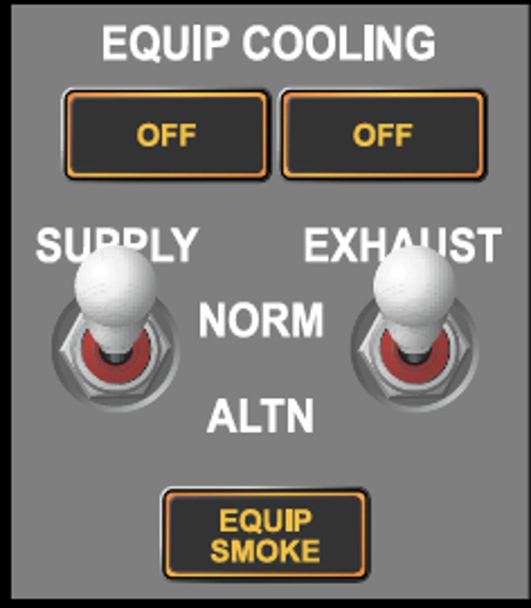 <p>Two smoke detectors are installed downstream of the fans. The EQUIP SMOKE light and the OVERHEAD System Annunciator and MASTER CAUTION lights will illuminate if smoke is detected.</p><p>When smoke is detected, the system will automatically set the packs to high</p><p>flow, turn the E &amp; E Bay cooling supply fan(s) off for approximately 5 minutes, the overboard exhaust valve opens to the smoke position, and the recirculation fans turn off.</p>