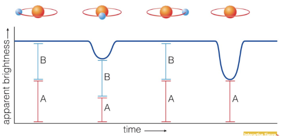 <ul><li><p><span style="background-color: transparent;">We can measure periodic eclipses</span></p></li><li><p><span style="background-color: transparent;">One star goes directly in front of the other so it appears to be covering it</span></p></li><li><p><span style="background-color: transparent;">You take multiple images over time and see how the brightness changes as one star goes over the other</span></p></li></ul><p><span style="background-color: transparent;">Dip = flux drop because the blue star is the hottest, its contributing the most to the flux, it depends on which one is the brighter/hotter star</span></p><p><span style="background-color: transparent;">When blue is in front it appears blueshifted on spectrum and red when its behind</span></p><p><span style="background-color: transparent;">Bigger dip = hotter star is behind</span></p>