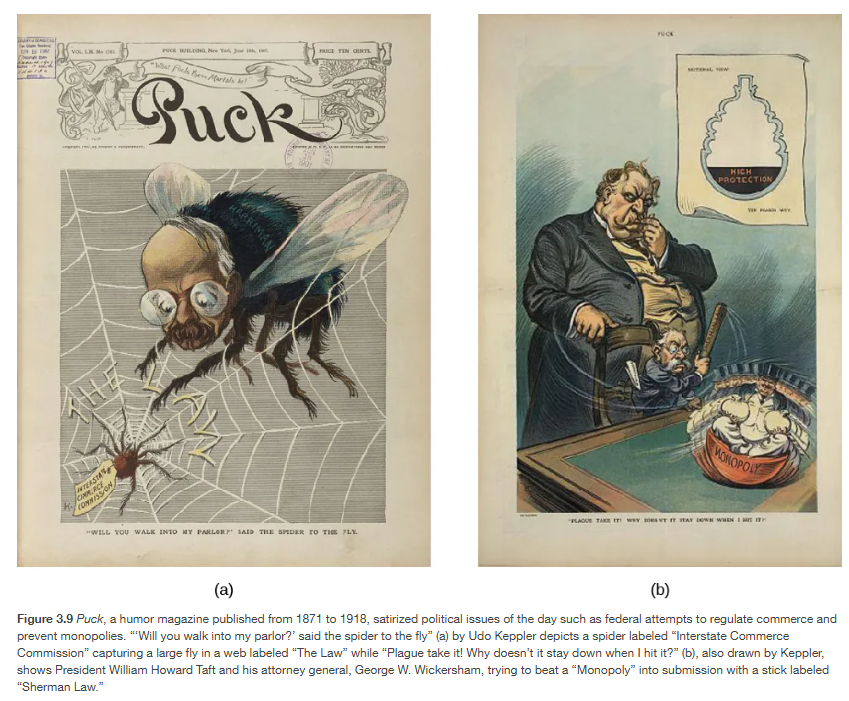 <p><span>One of its adverse effects was the concentration of market power. </span></p><p></p><p><span>Because there was no national regulatory supervision to ensure fairness in market practices, collusive behavior among powerful firms emerged in several industries.</span><sup> </sup></p><p></p><p><span>To curtail widespread anticompetitive practices in the railroad industry, Congress passed the Interstate Commerce Act in 1887, which created the Interstate Commerce Commission. </span></p><p></p><p><span>Three years later, national regulatory capacity was broadened by the Sherman Antitrust Act of 1890, which made it illegal to monopolize or attempt to monopolize and conspire in restraining commerce (</span>Figure 3.9<span>). </span></p><p></p><p><span>In the early stages of industrial capitalism, federal regulations were focused for the most part on promoting market competition rather than on addressing the social dislocations resulting from market operations, something the government began to tackle in the 1930s.</span></p>