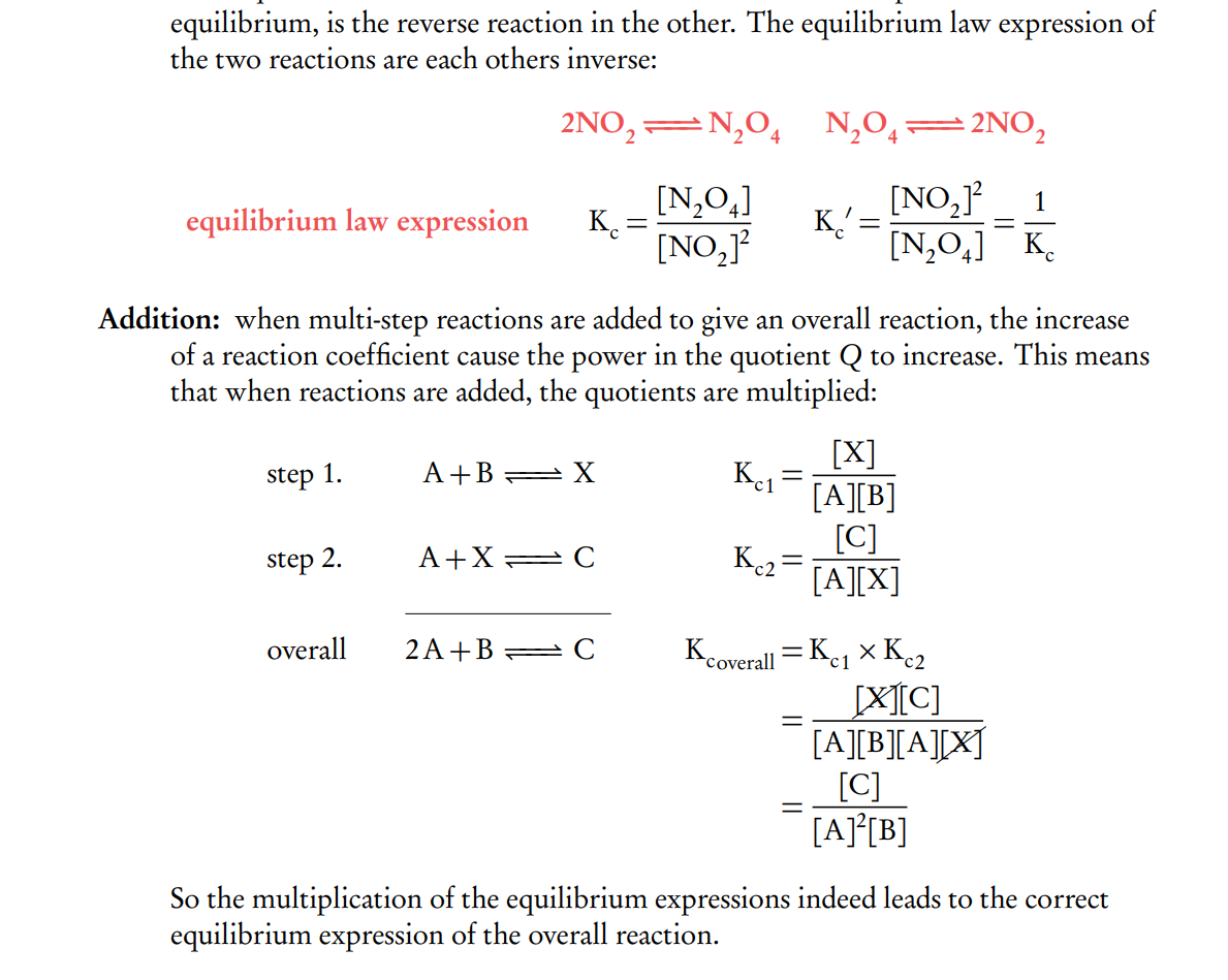 <p>When an equilibrium reaction is reversed, the equilibrium constant is inversed ( 1/Kc ). And when chemical reactions are added up together their respective equilibrium constants are multiplied (Kc1 × Kc2 ).</p>