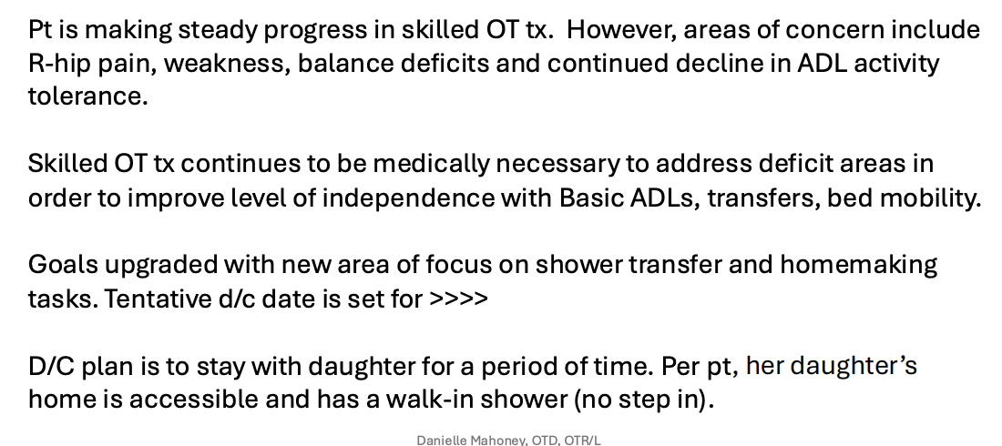 <p><strong><u>Progress Note Example of Medical Justification for Continued Skilled Services</u></strong></p><ul><li><p><strong><u>***be able to critique documentation samples to ensure medical justification, measurable, and reimbursable</u></strong></p></li><li><p><strong><u>***identify current Medicare requirements for documentation</u></strong></p></li></ul><p></p>