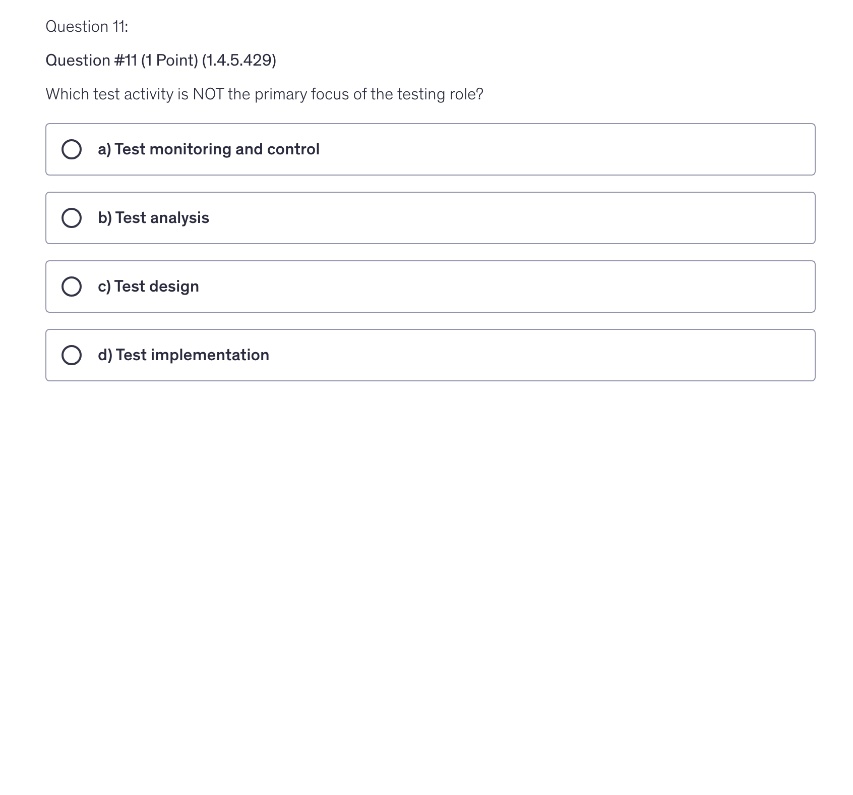 <p>Which test activity is NOT the primary focus of the testing role?</p>