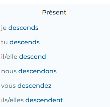 <p>to go down(descend); regular re; passe compose: être descendu</p>