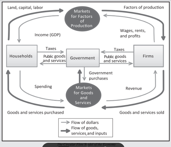 <p>Receives revenue from households as taxes &amp; borrows from financial markets + businesses</p><ul><li><p>uses revenue to purchase goods &amp; services used to run gov’t &amp; provide public goods + public services</p></li></ul><p></p>