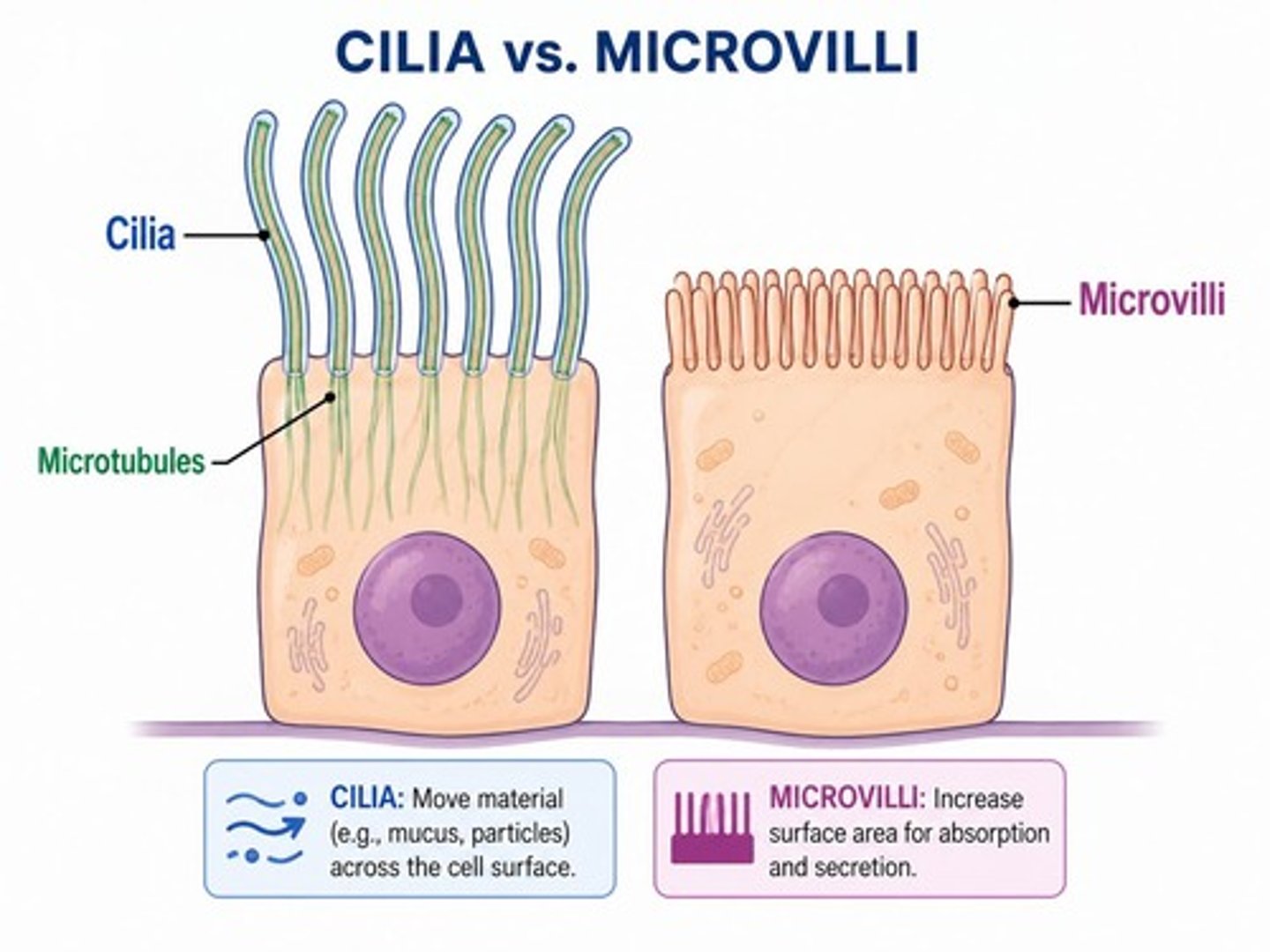 <p>Small, finger-like projections on epithelial cells that increase surface area for absorption.</p>