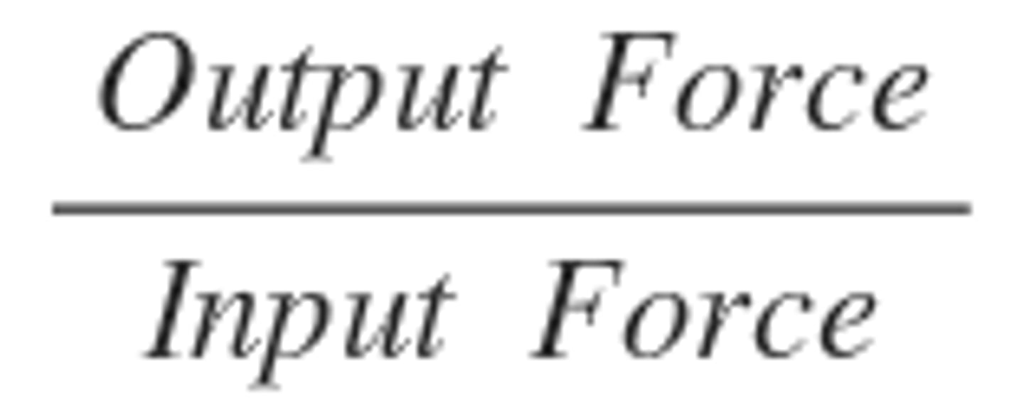 <p>the measure of the increase of force accomplished by a machine (F(out)/F(in)); reduces force required to achieve same work</p>
