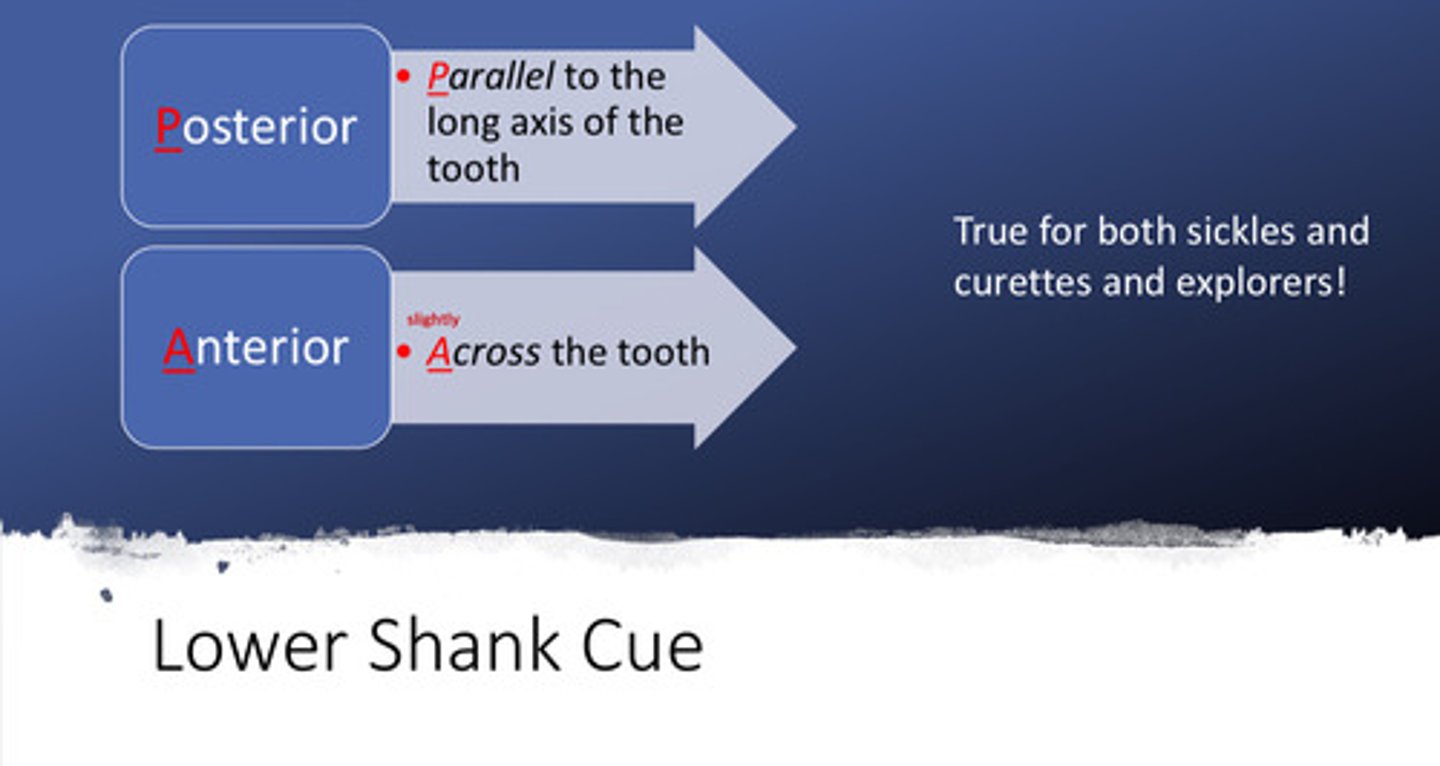 <p>posterior = parallel to the long axis of the tooth</p><p>anterior = across (slightly) the tooth</p><p>- note that these cues are true for both sickles and curettes, and explorers!</p>