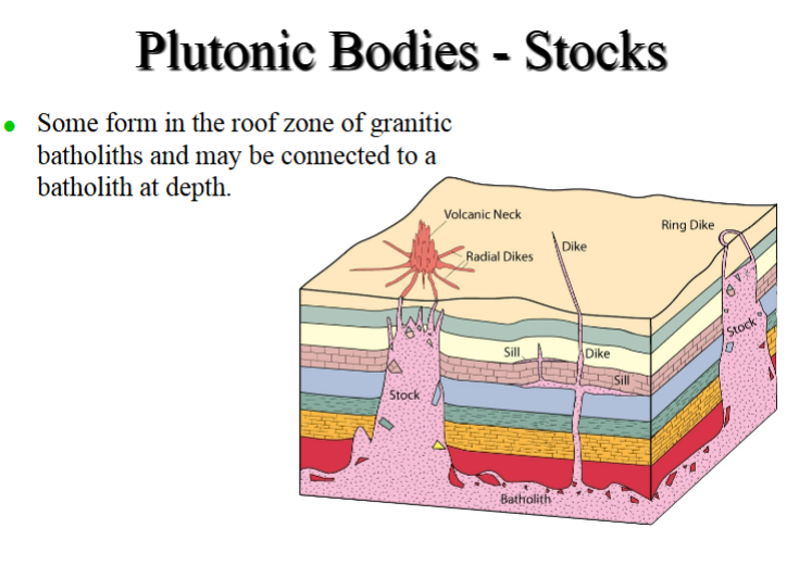 <p><span style="color: #000000">Smaller igneous bodies, generally steep sided (roughly cylindrical).</span><span style="color: #000000"><br></span><span style="color: #000000">Many unrelated to larger batholiths</span><span style="color: #000000"><br></span><span style="color: #000000">-These associated with alkaline mantle derived magmatism at continental rifts and hotspots</span><span style="color: #000000"><br></span><span style="color: #000000">Not limited to being granitic</span></p><p><span style="color: #000000">Some form in the roof zone of granitic batholiths and may be connected to a batholith at depth</span></p>