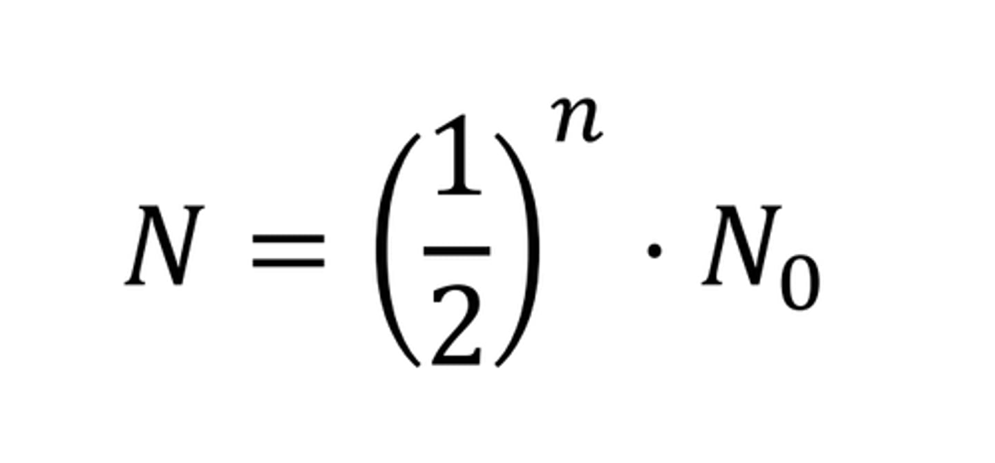 <p>Amount of undecayed nuclei left, N</p><p>after n half-lives,</p><p>of a sample with initial number of undecayed nuclei N₀</p>