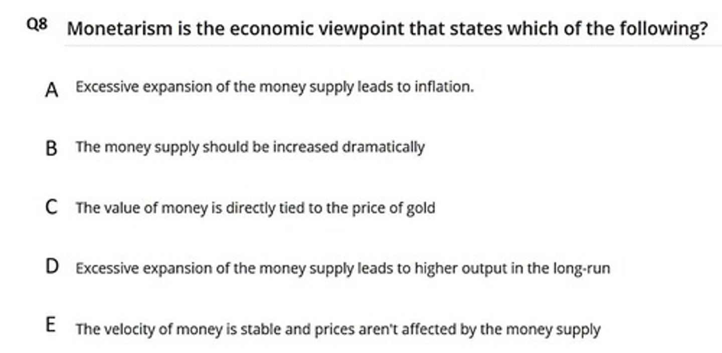 <p>Economic theory emphasizing money supply control.</p>