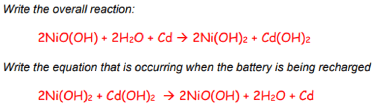 <p>Positive electrode:<br>NiO(OH)(s) + H2O(l) + e- <br>-&gt; Ni(OH)2(s) + OH-(aq)<br>E⦵= +0.52V<br>Negative electrode:<br>Cd(OH)2(s) + 2e- -&gt; Cd(s)+ 2OH-(aq)<br>E⦵= -0.88V</p>