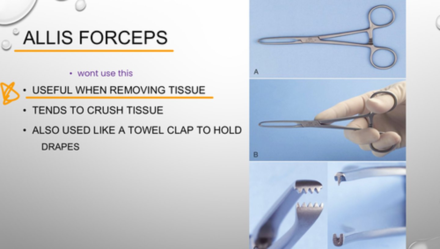 <p>Which OS Tissue Forcep:</p><p>- Used for REMOVING large amount of tissue or doing Biopsies (ex: Epulis fissuratum) </p><p>- Tends to CRUSH tissue (bc of firm grasp &amp; locking handle)</p><p>- Was tested on in OS!!!</p>